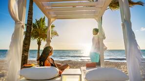 Private beach, white sand, beach cabanas, sun loungers