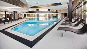 Indoor pool, seasonal outdoor pool, pool umbrellas, pool loungers