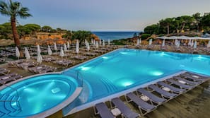 Outdoor pool, pool umbrellas, pool loungers