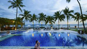 Outdoor pool, pool umbrellas, pool loungers