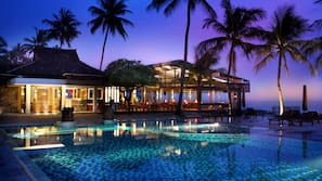 Outdoor pool, pool umbrellas, pool loungers