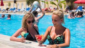 Outdoor pool, pool umbrellas, pool loungers