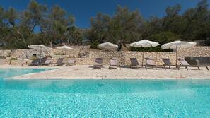 Outdoor pool, pool umbrellas, pool loungers