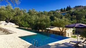 Outdoor pool, pool umbrellas, pool loungers