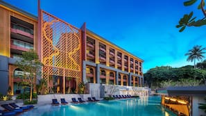 Outdoor pool, pool umbrellas, pool loungers