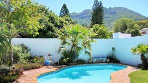 Outdoor pool, pool umbrellas, pool loungers