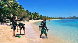 On the beach, scuba diving, snorkelling, kayaking