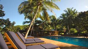 Outdoor pool, pool umbrellas, pool loungers