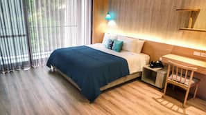 Desk, laptop workspace, blackout curtains, free WiFi
