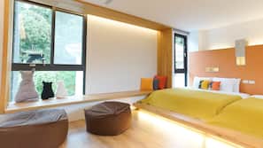 Desk, laptop workspace, blackout curtains, free WiFi