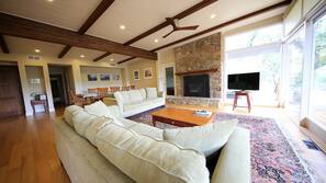 TV, fireplace, ping pong table, toys
