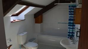Combined shower/bathtub, towels