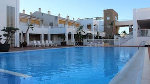 Outdoor pool, pool umbrellas, pool loungers