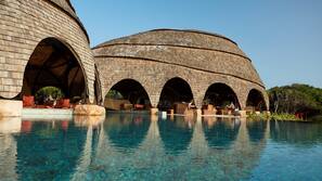 Outdoor pool, pool umbrellas, pool loungers