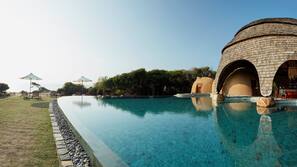 Outdoor pool, pool umbrellas, pool loungers