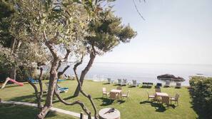 On the beach, sun-loungers, beach umbrellas, beach towels
