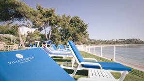 On the beach, sun-loungers, beach umbrellas, beach towels