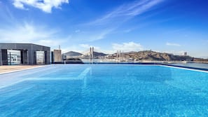 Seasonal outdoor pool, open 3:00 PM to 10:00 PM, pool umbrellas