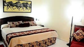 Minibar, desk, linens