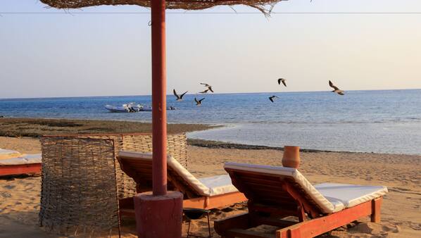 Sulla spiaggia, lettini da mare, ombrelloni, teli da spiaggia
