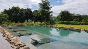 Outdoor pool, pool umbrellas, sun loungers