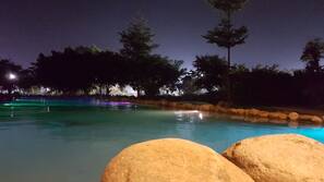 Outdoor pool, pool umbrellas, sun loungers