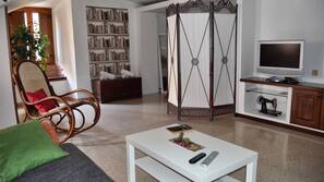 Flat-screen TV, fireplace
