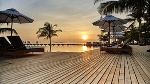 Outdoor pool, pool umbrellas, pool loungers