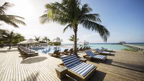 Outdoor pool, pool umbrellas, pool loungers