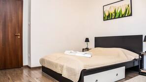 1 bedroom, desk, blackout curtains, iron/ironing board