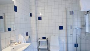 Shower, hair dryer, soap, toilet paper