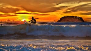 On the beach, sun-loungers, surfing