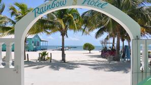 On the beach, sun loungers