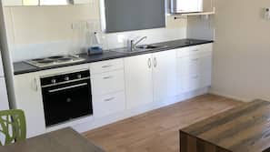 Fridge, microwave, hob, coffee/tea maker