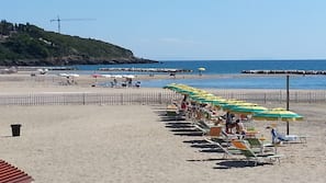 Private beach, sun loungers, beach umbrellas