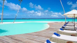 Outdoor pool, pool umbrellas, pool loungers