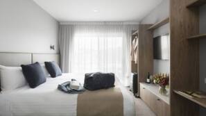 Desk, laptop workspace, blackout curtains, iron/ironing board