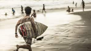 Beach nearby, black sand, surfing