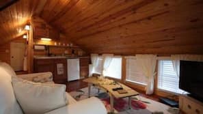 Flat-screen TV, fireplace