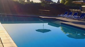 Seasonal outdoor pool, open 8:30 AM to 8:00 PM, pool umbrellas