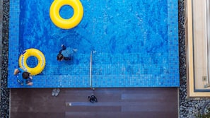 Outdoor pool, pool umbrellas, pool loungers