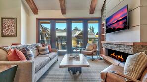 50-inch TV with premium TV channels, fireplace