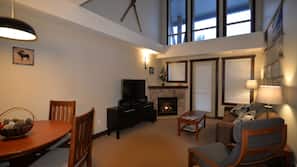 TV, fireplace, DVD player, books