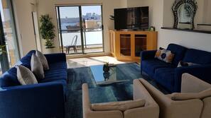 55-inch flat-screen TV with satellite channels, DVD player