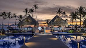 Outdoor pool, pool umbrellas, pool loungers