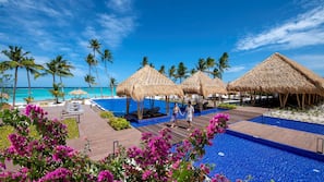 Outdoor pool, pool umbrellas, pool loungers