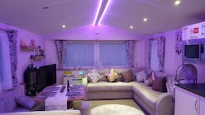 42-inch LED TV with satellite channels, video game console, DVD player