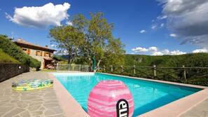 Seasonal outdoor pool, pool umbrellas, pool loungers