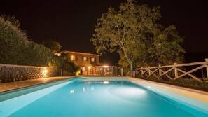 Seasonal outdoor pool, pool umbrellas, pool loungers