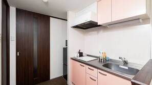 Fridge, microwave, stovetop, electric kettle